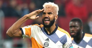 Manchester United target Eric Maxim Choupo-Moting celebrates scoring their side's third goal during the DFB Cup second round match between FC Augsburg and FC Bayern München at WWK-Arena on October 19, 2022 in Augsburg, Germany.