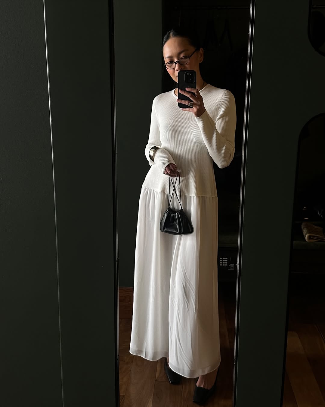 Dawn in a drop-waist maxi dress