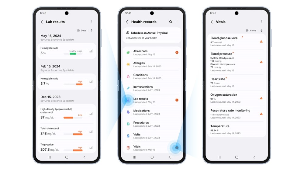 Samsung Health app screen showing lab results, health records, and vitals