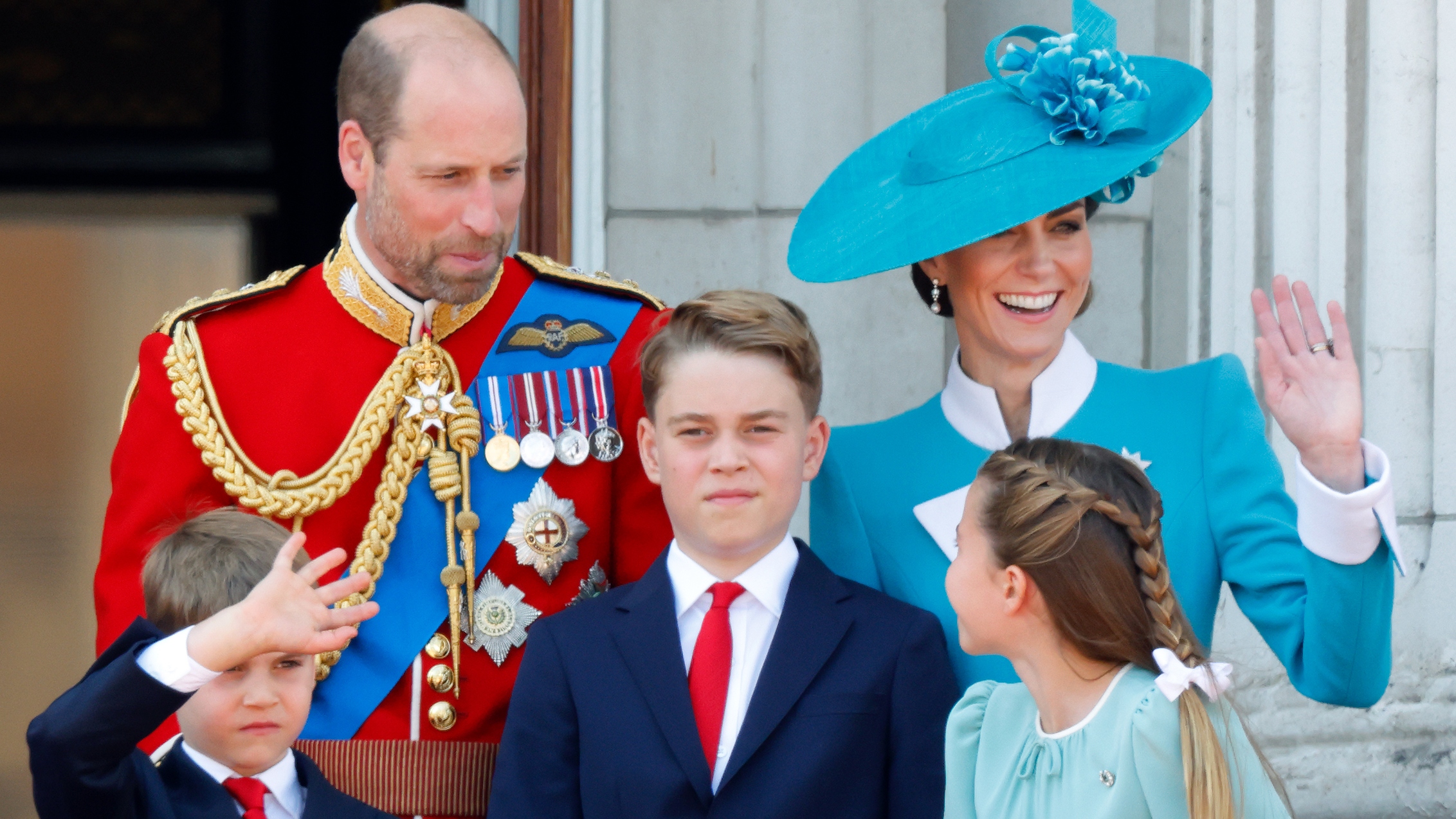 Prince William, Prince Louis of Wales, Prince George of Wales, Catherine, Princess of Wales and Princess Charlotte of Wales watch an RAF flypast from the balcony of Buckingham Palace after attending Trooping The Colour 2025 on June 14, 2025