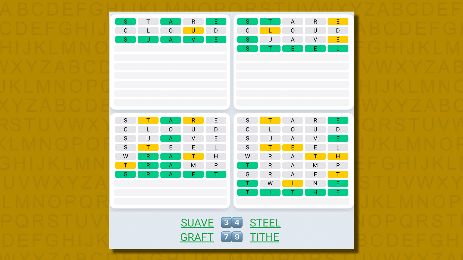 Quordle daily sequence answers for game 578 on a yellow background