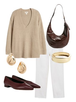 collage of beige sweater, white jeans, brown flats, gold jewelry, and brown leather bag