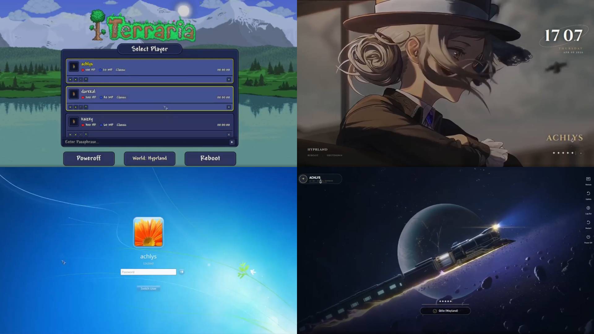 Four Linux lock screens, styled after Terraria, Reverse: 1999, the Windows 7 login screen, and Honkai: Star Rail.