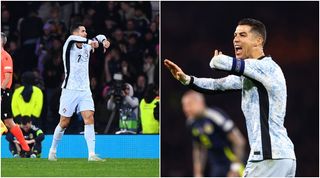 GLASGOW, SCOTLAND - OCTOBER 15: Cristiano Ronaldo of Portugal reacts with a thumbs down after the UEFA Nations League 2024/25 League A Group A1 match between Scotland and Portugal at on October 15, 2024 in Glasgow, Scotland. (Photo by Euan Cherry/Getty Images)