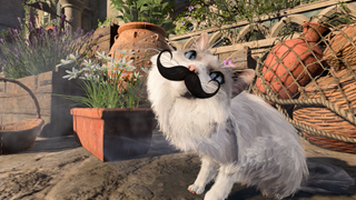A cute cat wildshape in Baldur's Gate 3 with a moustache sticker stuck atop it.