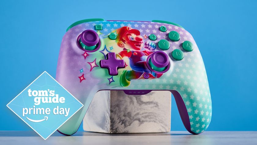 Turtle Beach Rematch Wireless Switch controller (Invincible Mario colorway) on a stand with the Tom&#039;s Guide Prime Day deals badge overlaid in the bottom-left corner