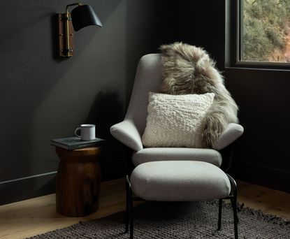 A dark living room with corner chair