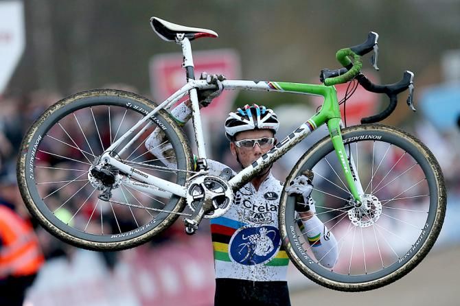 Sven Nys (Crelan-AA Drink) gives some love to his new Trek Boone