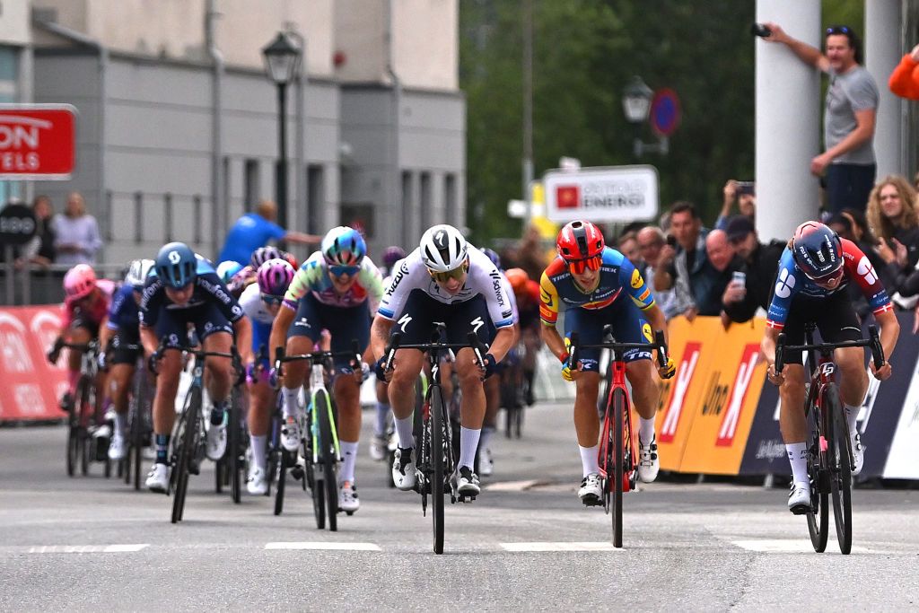 HALDEN NORWAY AUGUST 23 LR Soraya Paladin of Italy and Team CanyonSram Racing Lorena Wiebes of The Netherlands and Team SD Worx Elisa Balsamo of Italy and Team Lidl Trek and Cecilie Uttrup Ludwig of Denmark and Team FDJSuez sprint at finish line during the 9th Tour of Scandinavia 2023 Battle Of The North Stage 1 a 1246km stage from Mysen to Halden UCIWWT on August 23 2023 in Halden Norway Photo by Luc ClaessenGetty Images