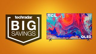 TCL 5-Series 2021 QLED TV on orange background