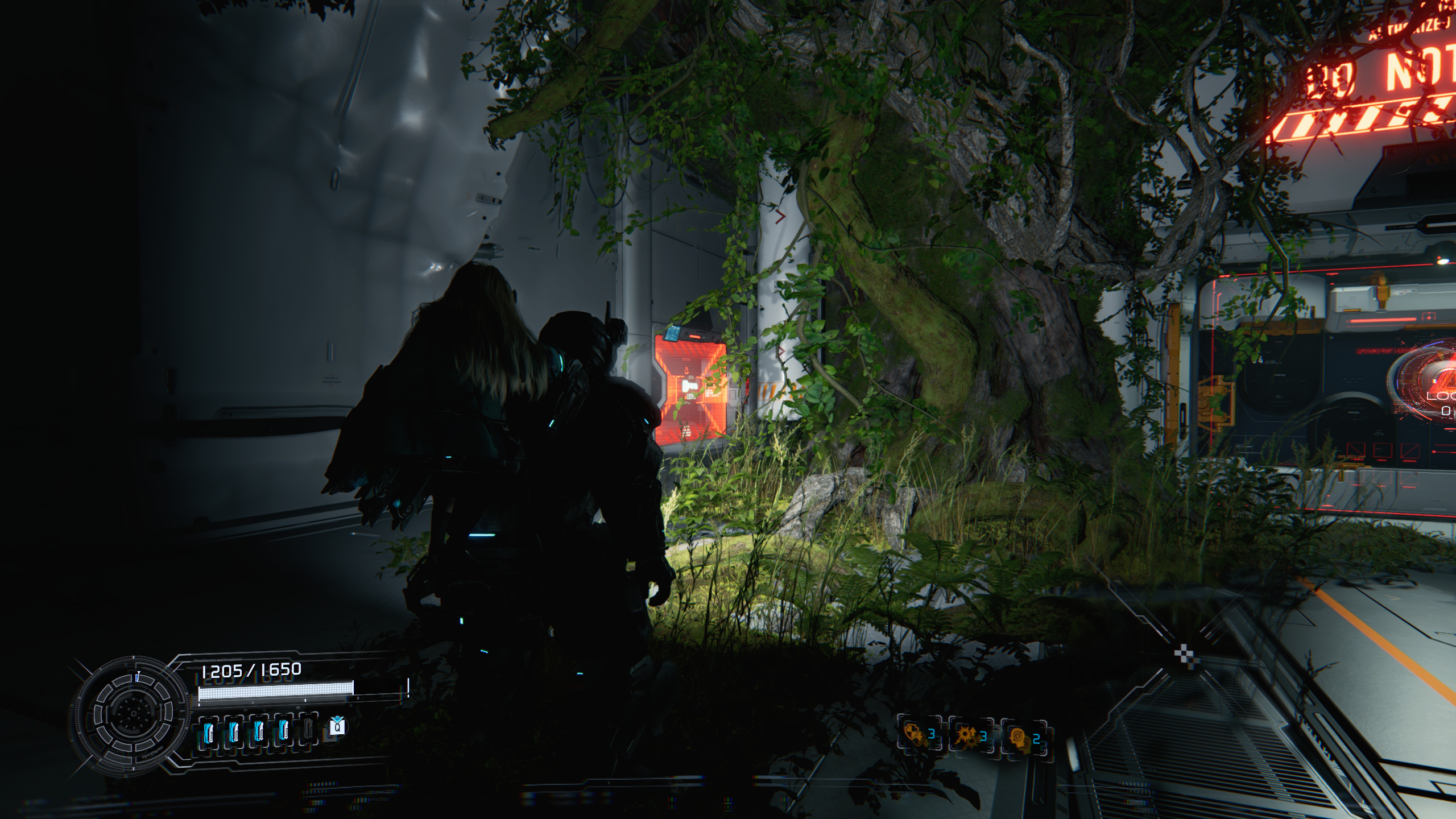 Pragmata Red Zone Gate Keys: A player looking at a Red Zone barrier behind a tree in Terrarium.