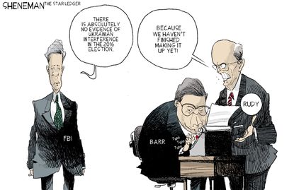 Political Cartoon U.S. William Barr Giuliani Ukraine