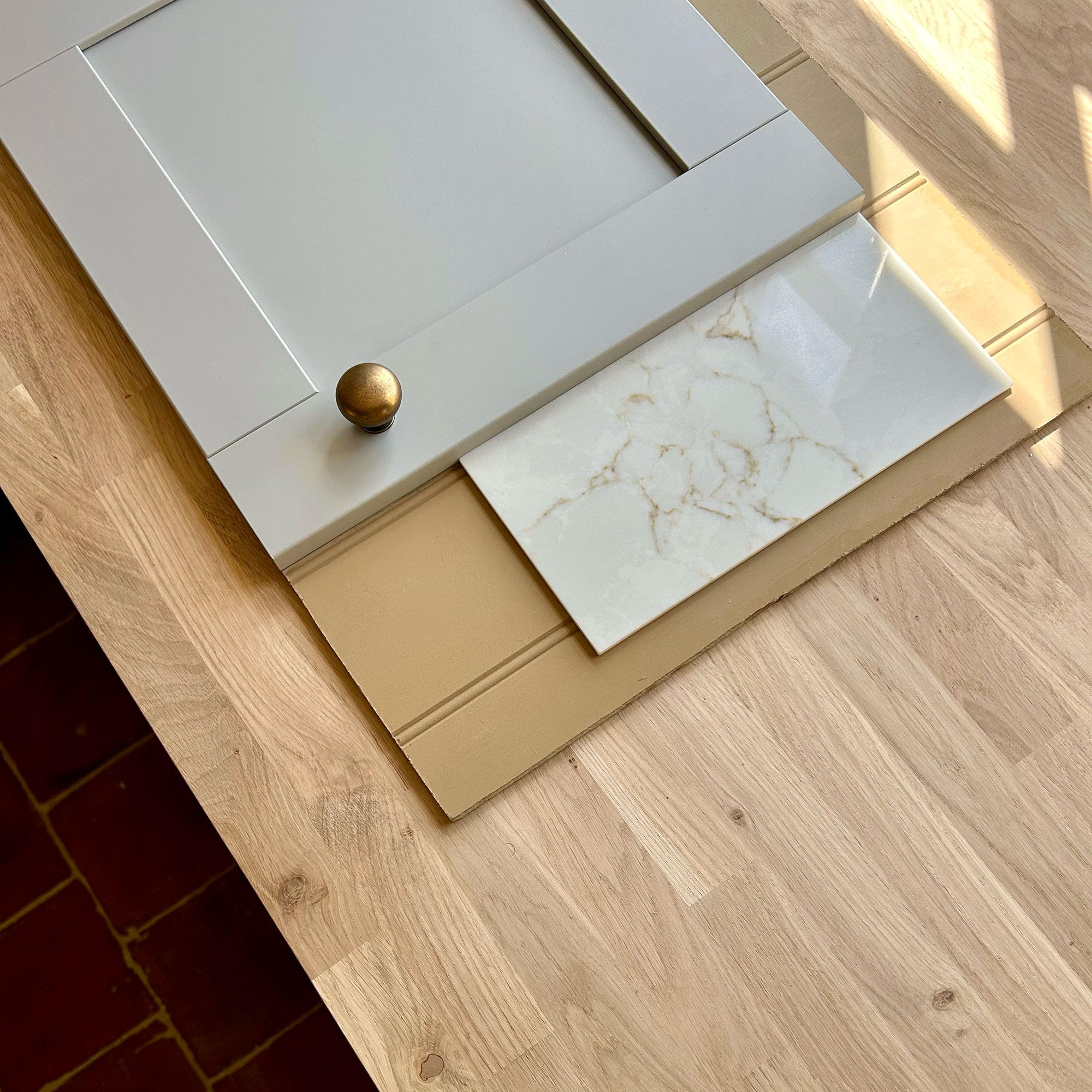 Samples of materials sitting on wooden surface
