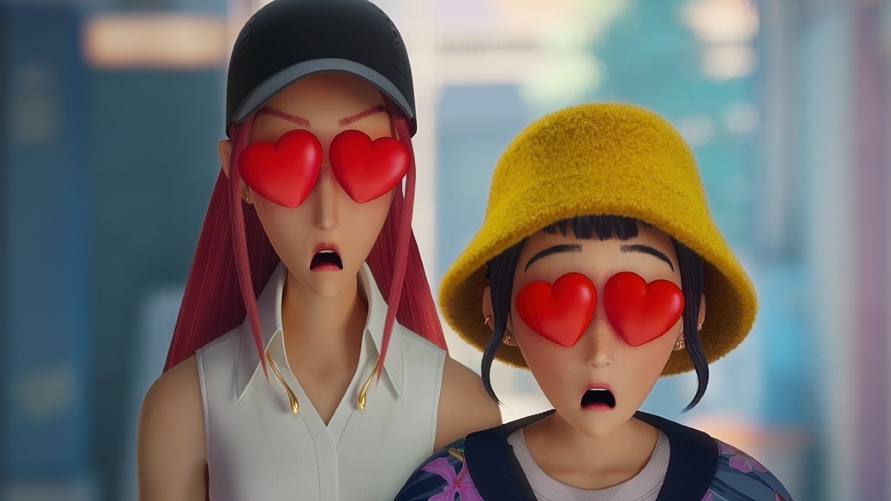 From left to right: Mira and Zoey in KPop Demon Hutners with hearts in their eyes.