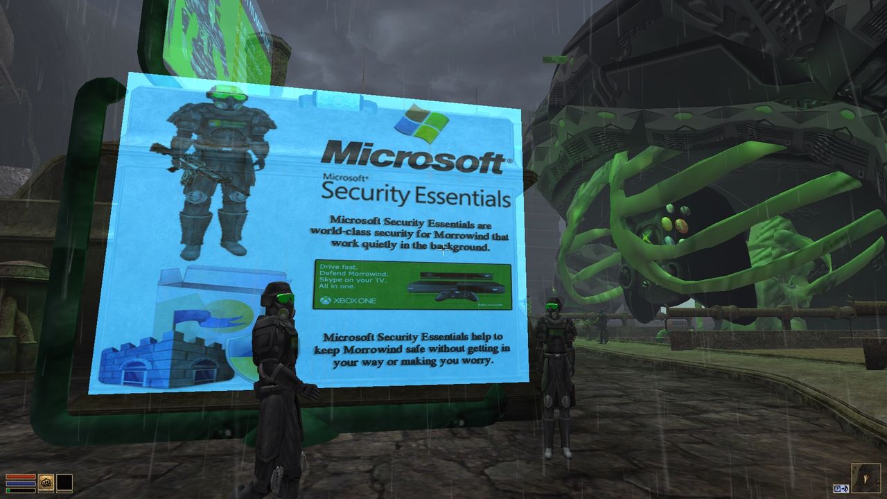 black-clad stormtroopers in front of a "Microsoft security services" billboard in Morrowind