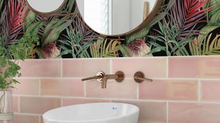pink metro wall tiles with botanical wallpaper