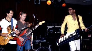 (from left) Carlos Santana, Ronnie Montrose and Herbie Hancock perform on May 23, 1980 at The Old Waldorf in San Francisco, California