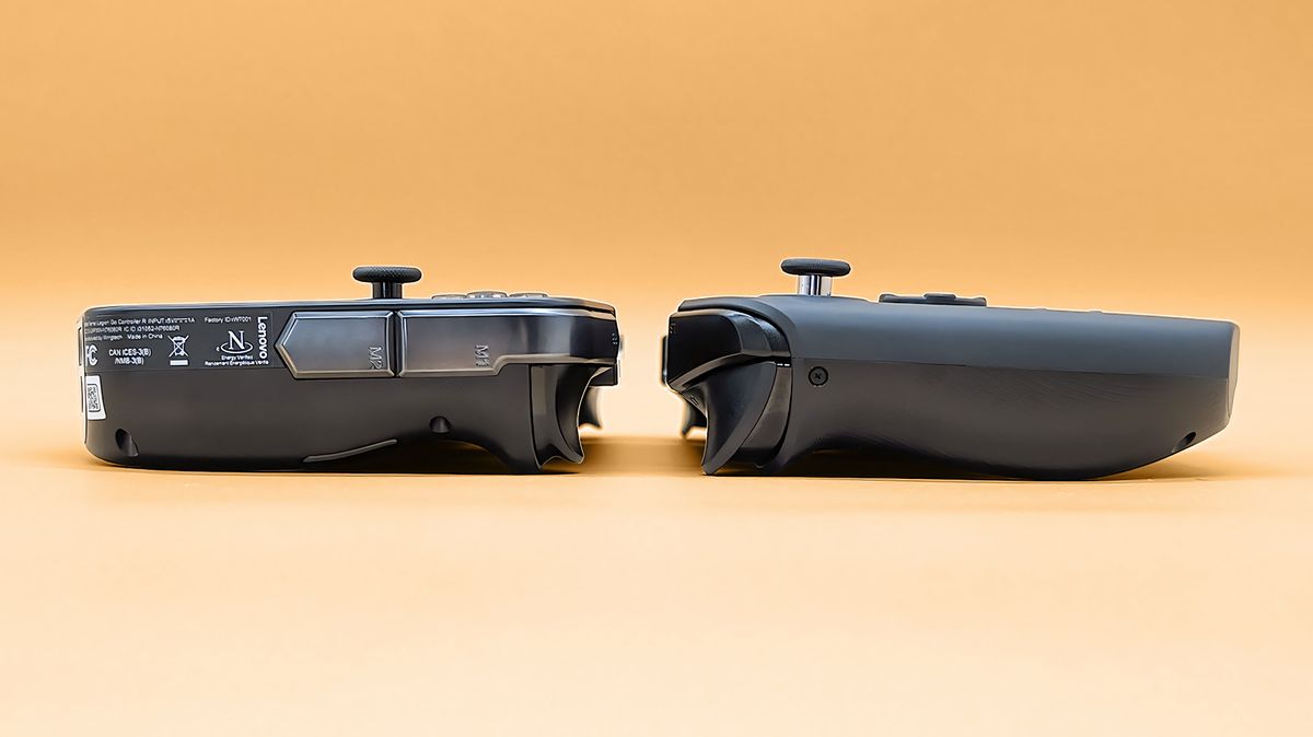 A profile view of the Lenovo Legion Go 2 and the original Legion Go lying toward each other. The Legion Go 2 is slightly thicker.