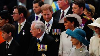 Jack Brooksbank, Prince Harry, Duke of Sussex and Meghan, Duchess of Sussex attend the National Service of Thanksgiving