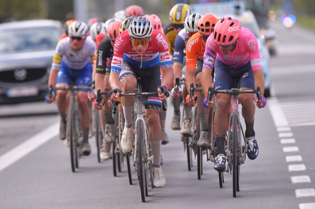 WEVELGEM BELGIUM OCTOBER 11 Mathieu Van Der Poel of The Netherlands and Team AlpecinFenix Alberto Bettiol of Italy and Team EF Pro Cycling Breakaway during the 82nd GentWevelgem In Flanders Fields 2020 Men Elite a 2325km race from Ypres to Wevelgem GentWevelgem FlandersClassic on October 11 2020 in Wevelgem Belgium Photo by Luc ClaessenGetty Images