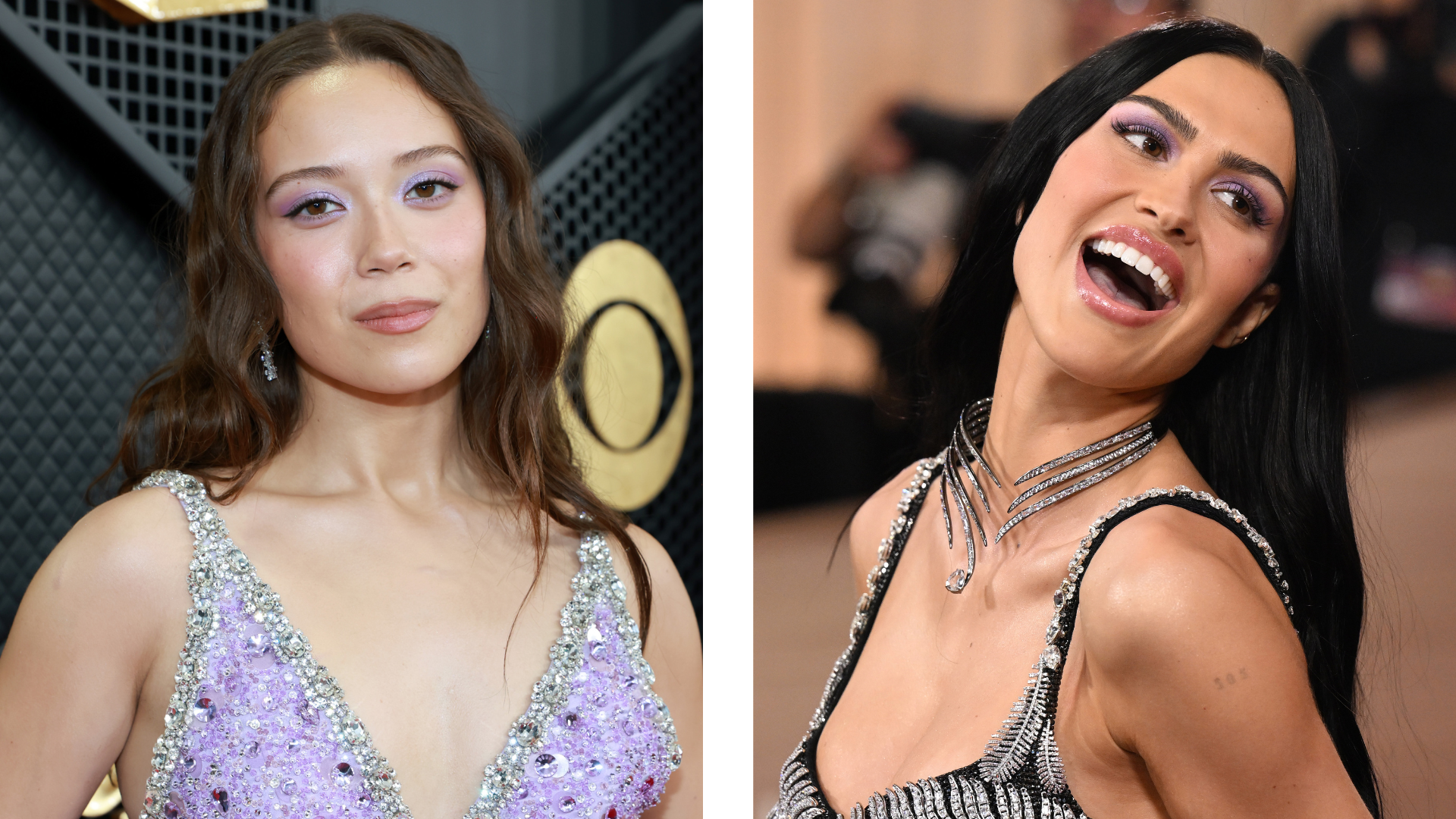 Collage of Laufey and Amelia Gray Hamlin at award shows wearing purple eye shadow