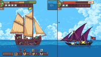 Split screen image of two pirates ship engaged in combat in Seablip.