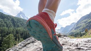 Person wearing trail running shoes on a mountain