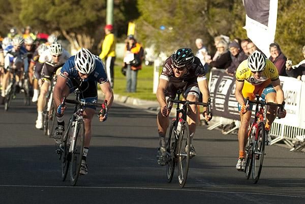 Philip Grenfell (far left) of Bikebug.com edges out Luke Davison (centre) of Jayco/2XU and Steele Von Hoff (Genesys Wealth Advisers) to win stage two in Wonthaggi.