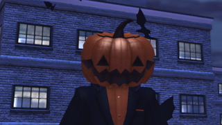 An image of a pumpkin-headed hero from City of Heroes' private server, Homecoming.