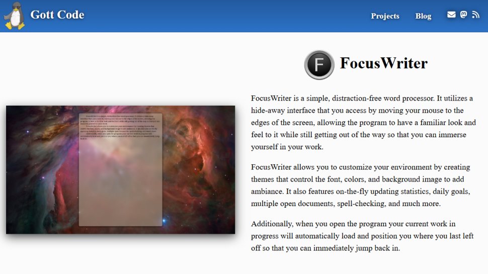 Website screenshot of FocusWriter (January, 2026)