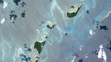 An astronaut photo of two islands in the Bahamas surrounded by twisting ribbons of shining blue sand banks