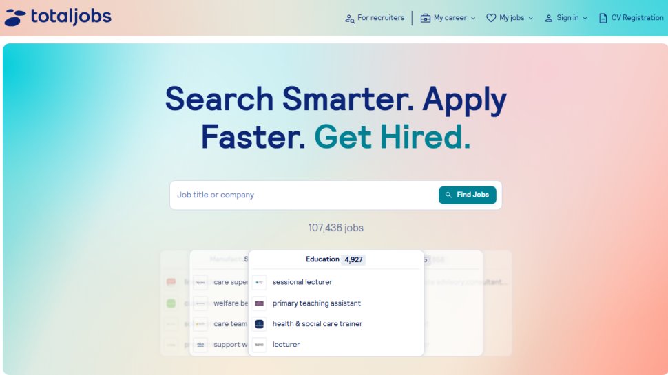 Website screenshot of TotalJobs (January, 2026)