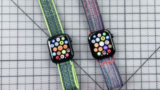 Close-up of an Apple Watch SE 2022 and Apple Watch Series 10; the former has a Nike Sport Loop dupe attached and the latter has the actual Nike Sport Loop strap