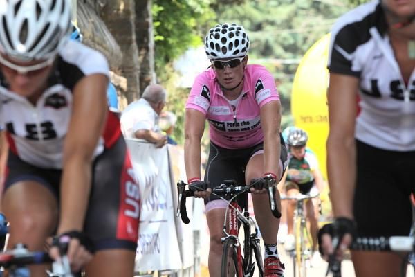 Kirsten Wild (Cervelo TestTeam) in the leader's jersey rolls in to the finish.