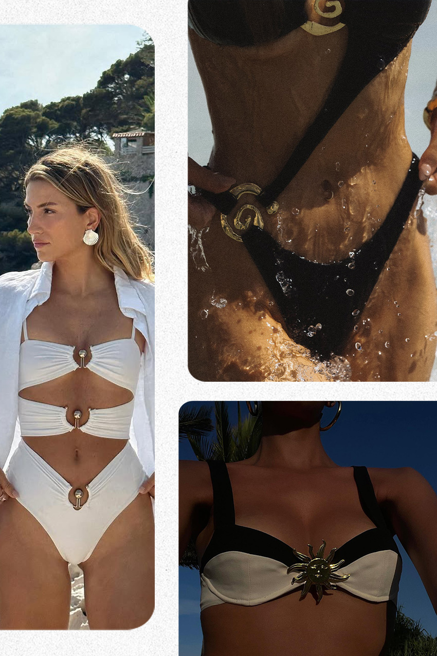 A collage of a woman wearing a white button-down shirt over a white one-piece with cutouts and silver hardware, a woman wearing a black cutout one-piece swimsuit with gold spiral hardware, and a woman's two-tone bikini top with a sun-shaped hardware piece.