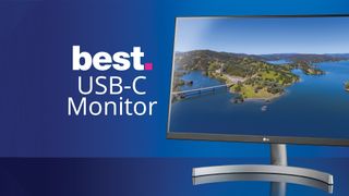 A usb-c monitor against a blue background next to the words "best USB-C monitor"