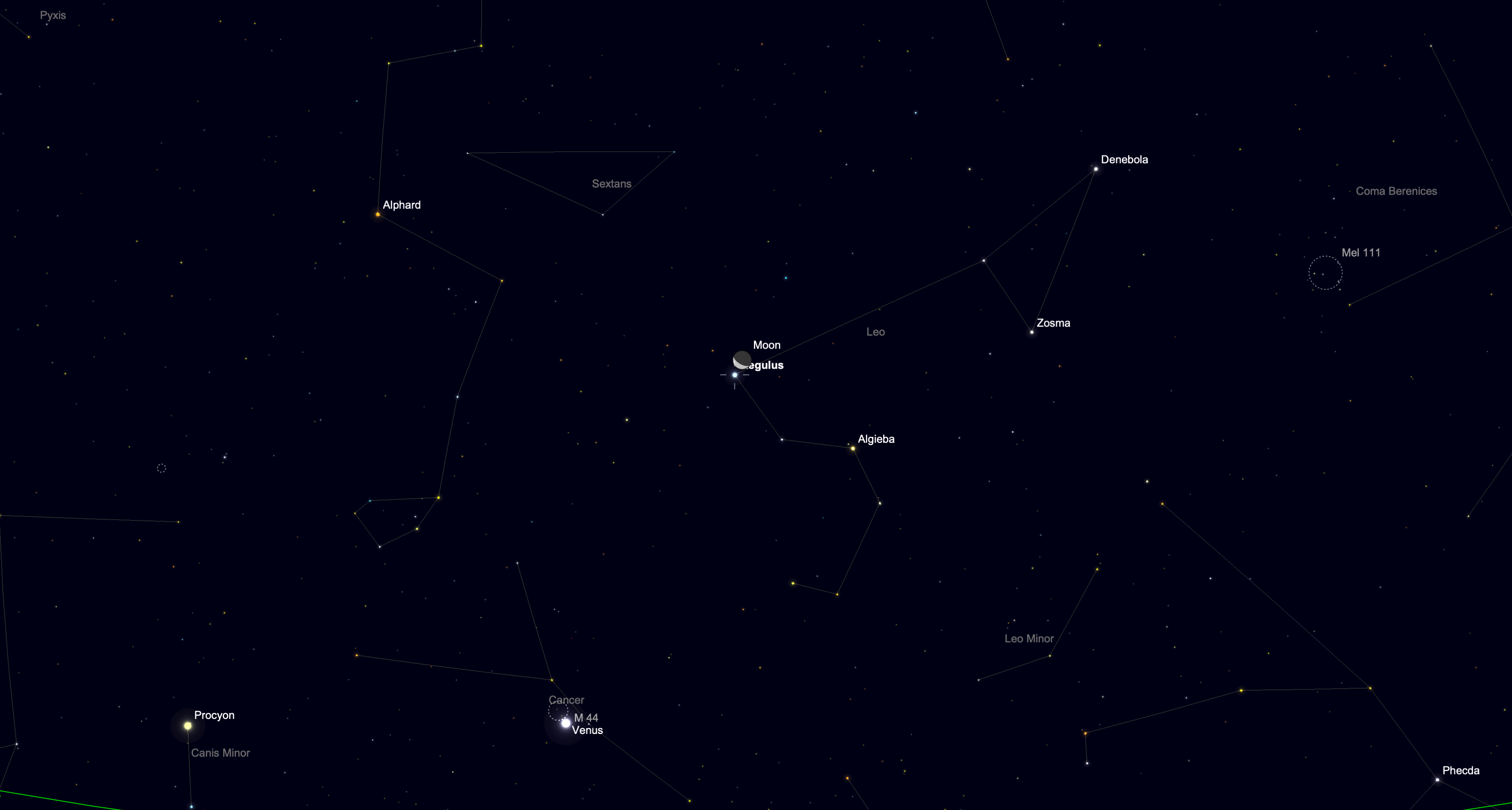 Star chart showing the moon close to Regulus in the constellation Leo on June 19.