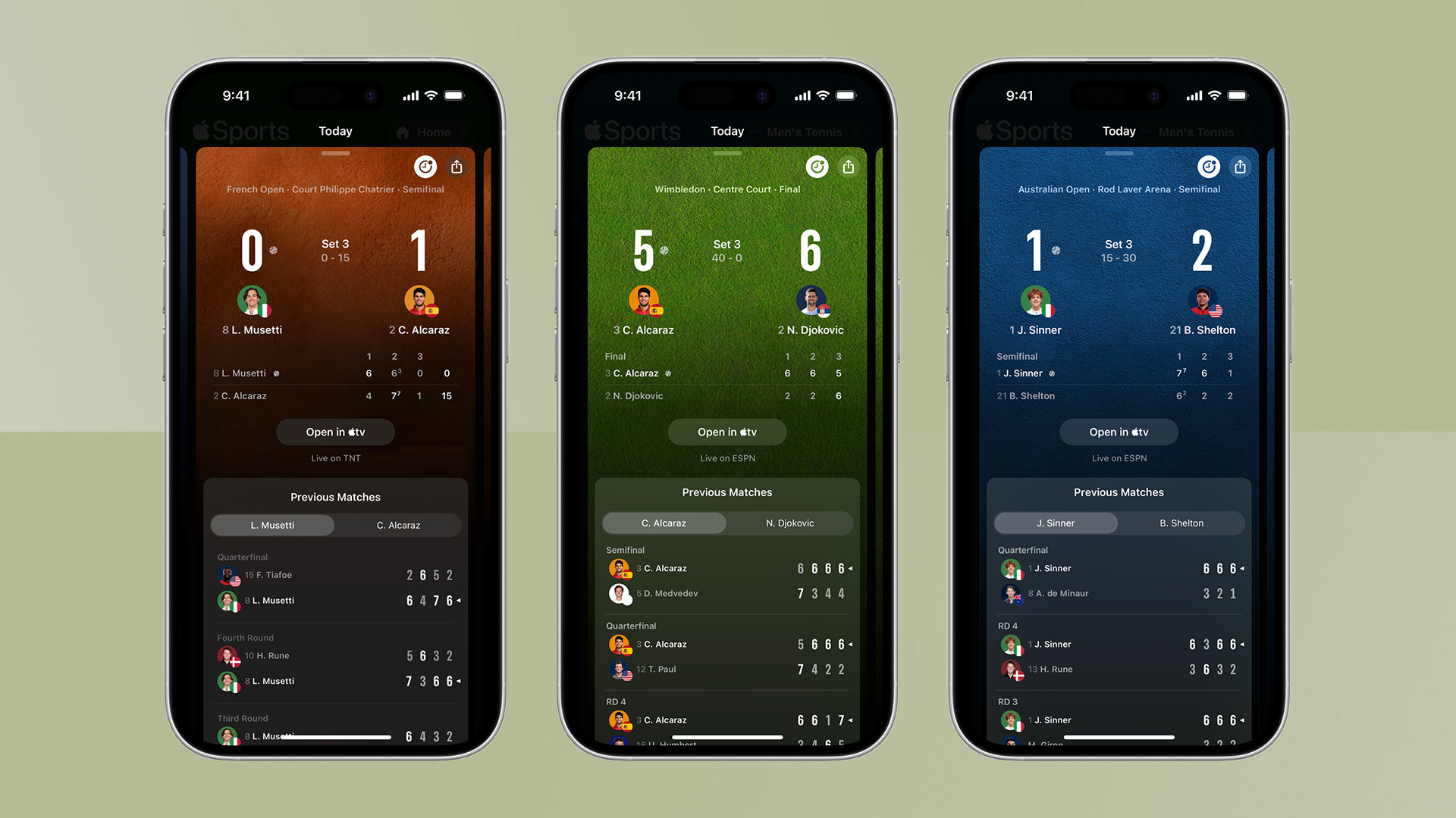 Apple Sports app running on three iPhones side-by-side