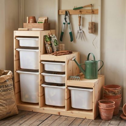AI-generated image of IKEA trofast furniture in shed