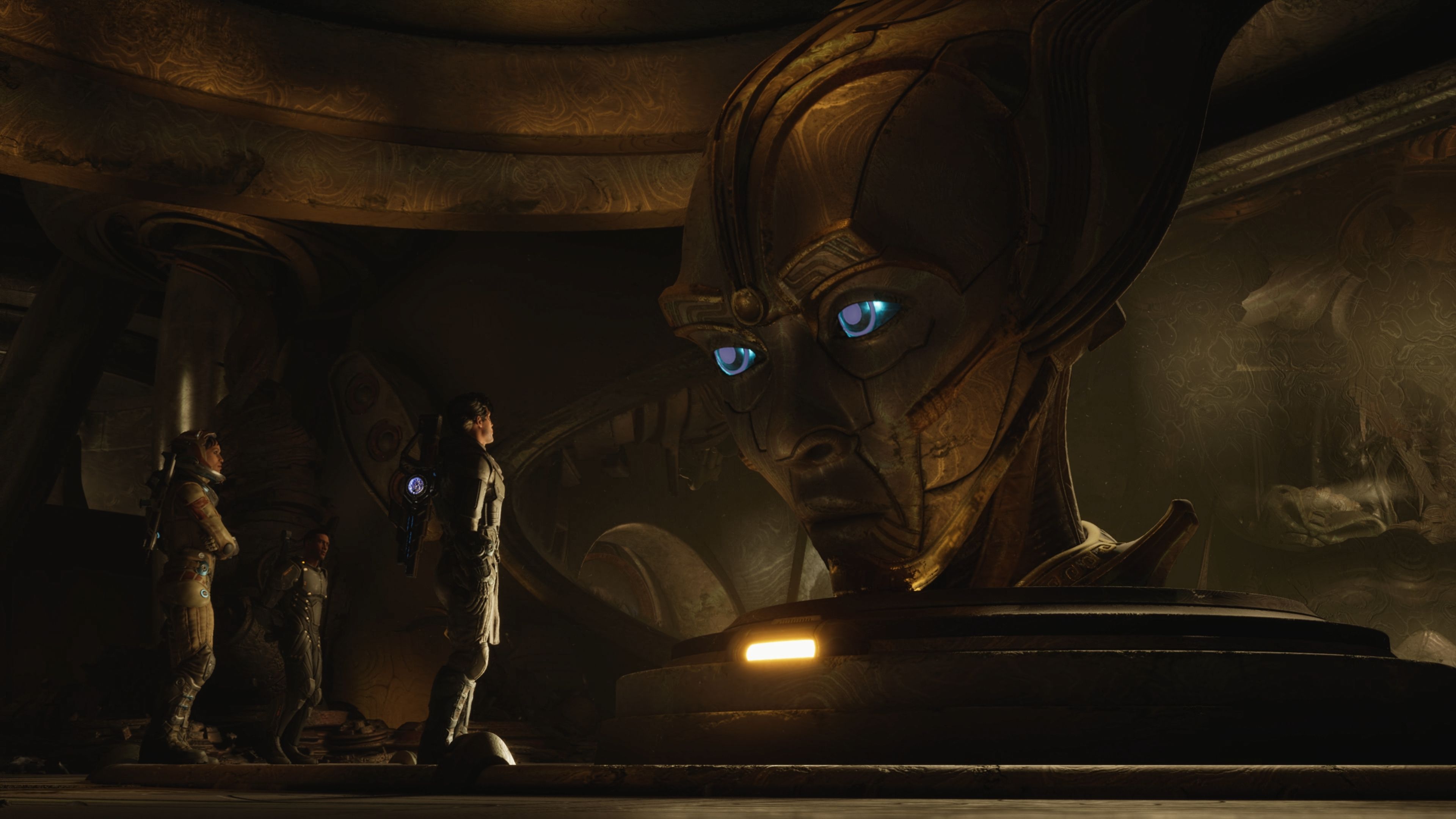 Exodus screenshot featuring the characters speaking with a Celestial creation