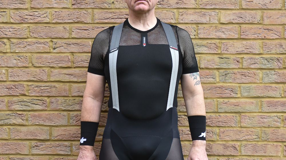 Image shows a rider wearing the Assos SS Superléger Skin Layer.