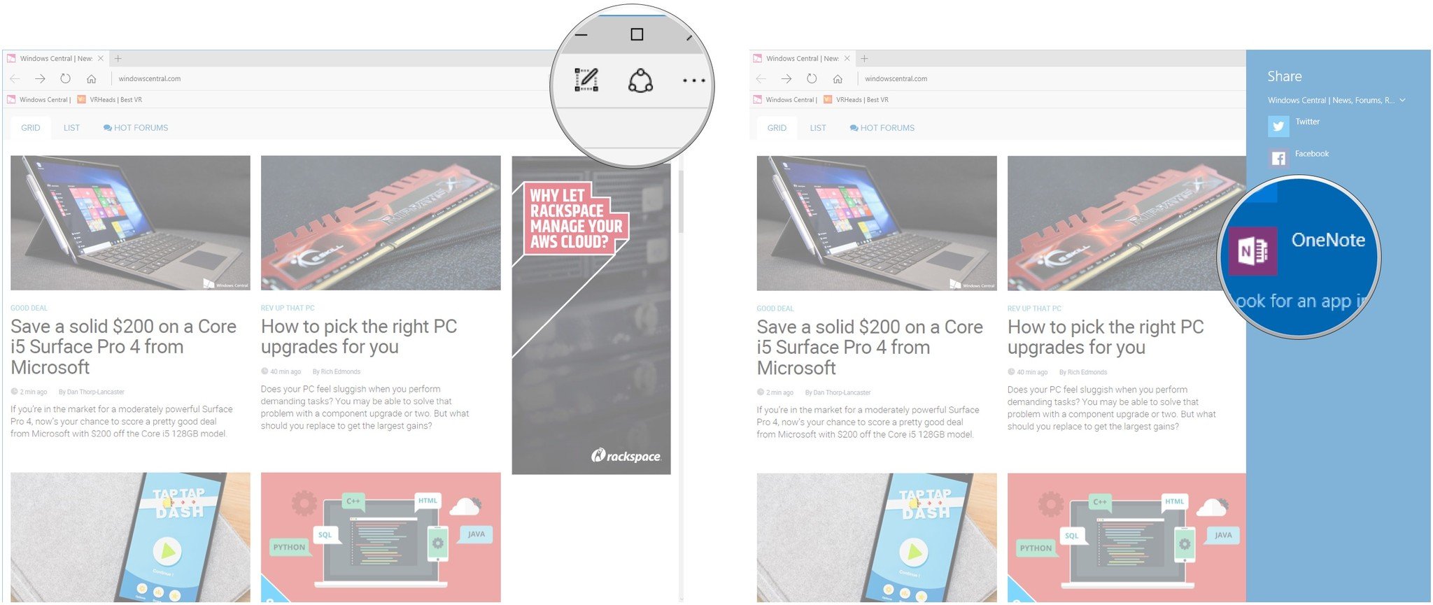 Click the Share button. Right-click an app.