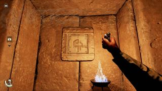 Indiana Jones and the Great Circle Chamber of Resonance Indy holding a lighter towards another adamic symbol tablet