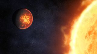 a fiery planet hovers near an enormous fiery star