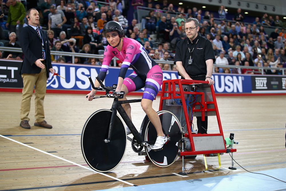 Dame Sarah Storey prepares to start her Women's Hour Record attempt.
