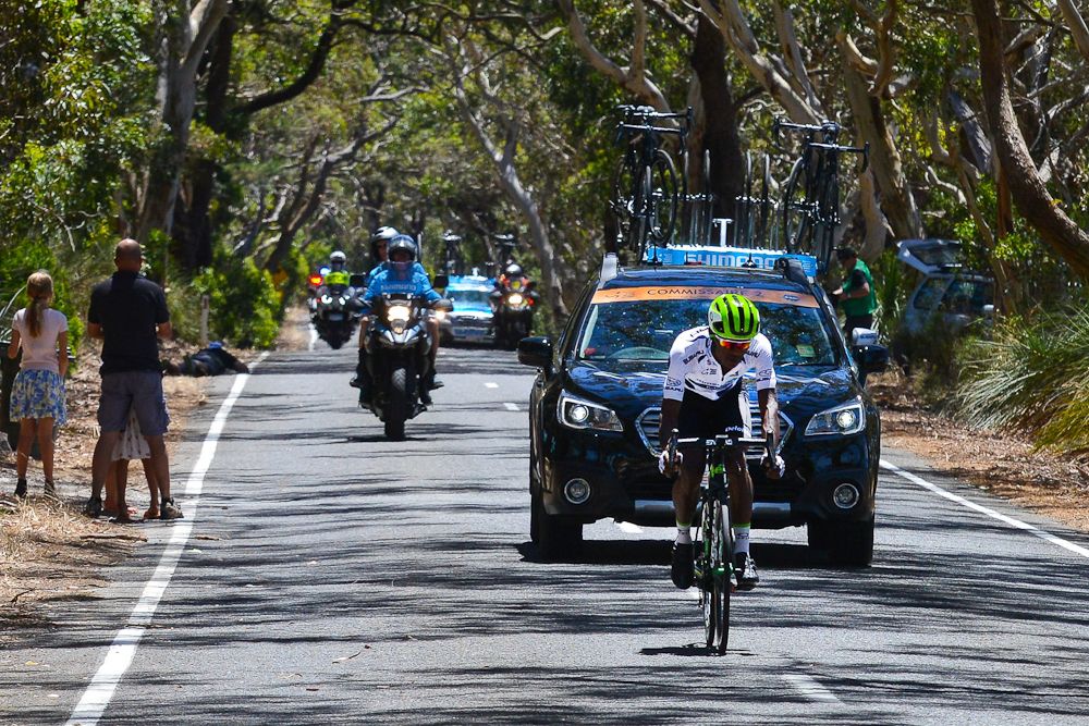 Dimension Data rider Nicholas Dlamini of South Africa breaks away from the peloton on the third day of the Tour Down Under