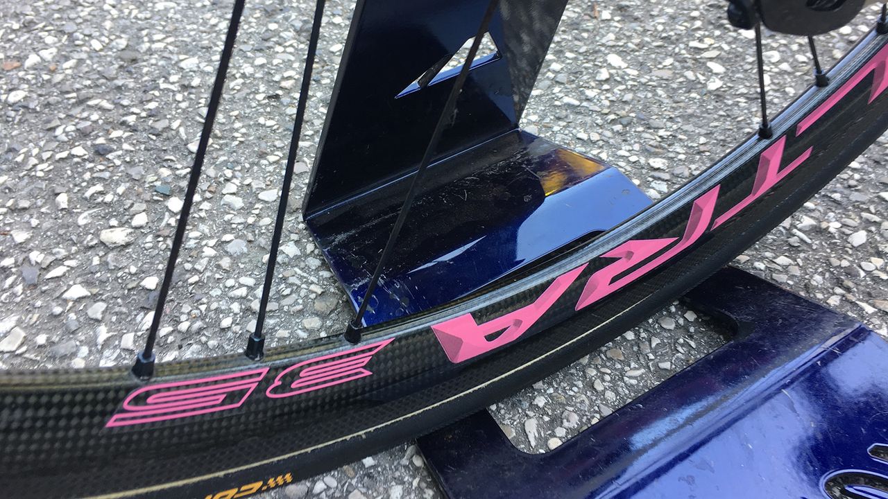 Campagnolo also made special pink decals for Carapaz's wheelset