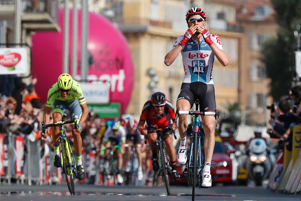 Tim Wellens of Belgium and Lotto Soudal celebrates as he crosses the finish line to win stage 7 of the 2016 Paris-Nice