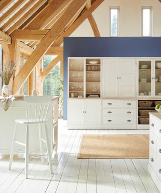 modern kitchen with beams and white wooden flooring