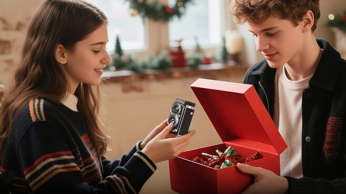 A lifestyle product picture of the CHUZHAO Retro TLR 12MP Digital Camera in use - a young man is gifting the camera in a red box to a young girl who is holding the camera in her hands